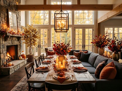 Cozy autumn dining room with fireplace and fall decor