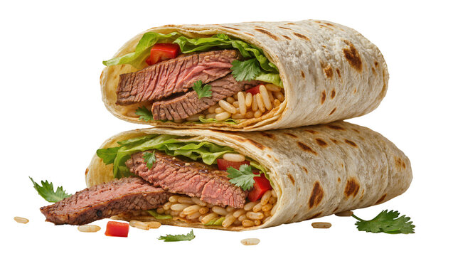 Stacked steak burritos with rice lettuce and red pepper, isolated on transparent background