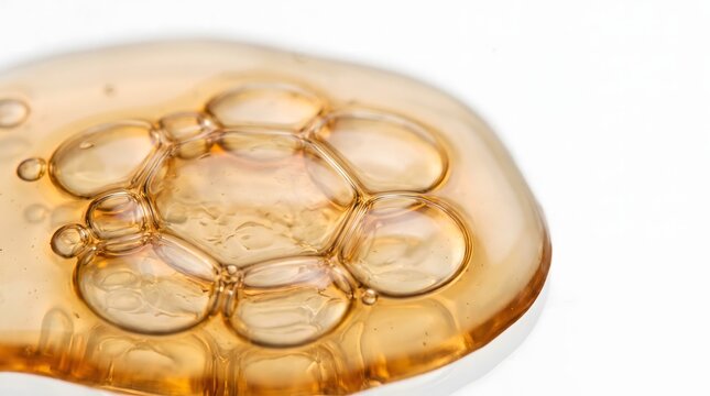 Close-up macro view of golden amber cellular fluid with internal bubble structures, lipid or stem cell medical concept.