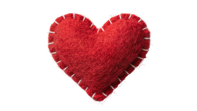 Red felt heart shape with white stitching, isolated on transparent background