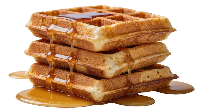 Stack of golden brown waffles with dripping syrup, isolated on transparent background