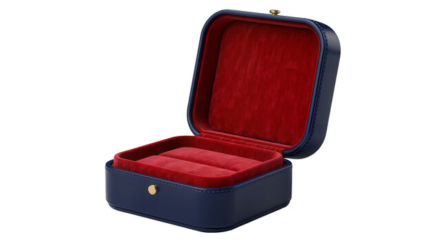 Navy blue leather jewelry box with red velvet lining, isolated on transparent background