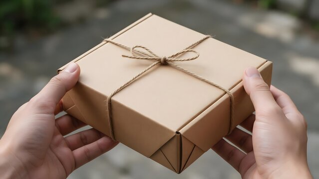 Hands holding small cardboard parcel box tied with string