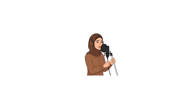 Muslim Woman with Hijab Recording Audio Podcast or Radio Broadcast Illustration