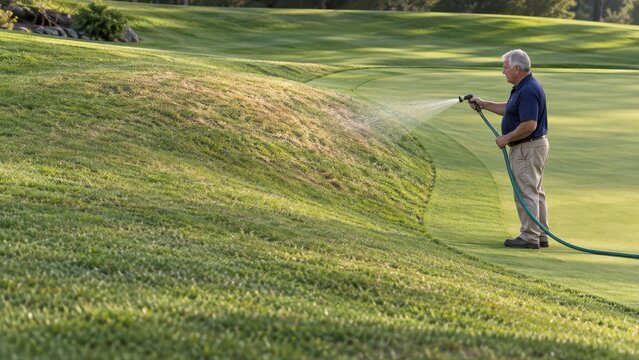 Groundskeeper directs a gentle hose spray toward pale grass on the shoulder of a raised golf green while standing below the contoured slope