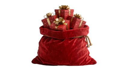 Red velvet Santa sack overflowing with red patterned gift boxes tied with gold ribbons, isolated on transparent background © Viktor