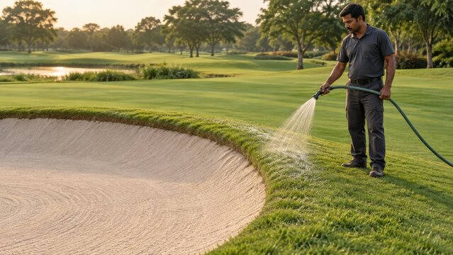 Groundskeeper waters a narrow strip of turf beside a curved golf bunker while directing the hose spray inward along the edge of the grass
