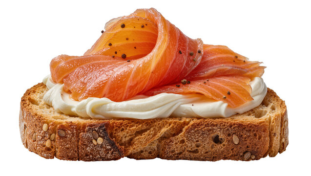 Whole grain bread with cream cheese and smoked salmon, isolated on transparent background