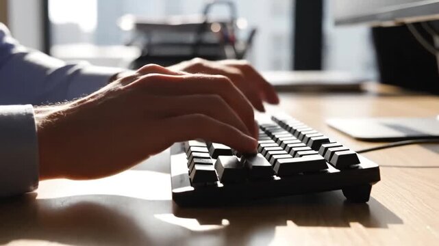 Typing on Keyboard in Office: A close-up shot captures a person's hands actively typing on a computer keyboard in a modern office environment, bathed in the warm.