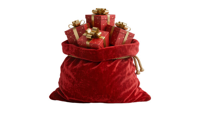 Red velvet Santa sack overflowing with red patterned gift boxes tied with gold ribbons, isolated on transparent background