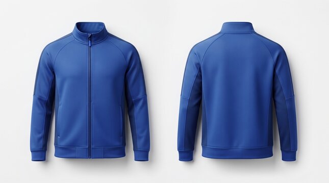 Front and back mockup template of a royal blue sports track jacket with a full front zipper and high collar