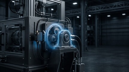 Fototapeta premium Industrial Factory Machine with Glowing Blue Digital Twin Interface