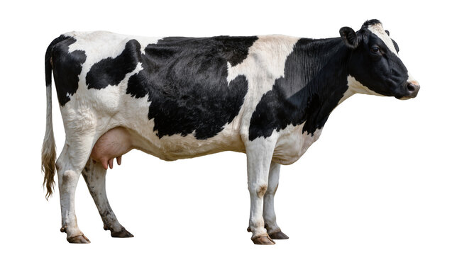 Black and white Holstein cow with udder, isolated on transparent background