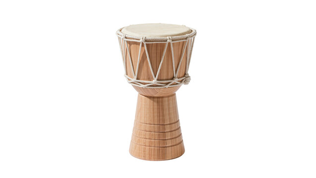Small wooden djembe drum with natural rope lacing, isolated on transparent background