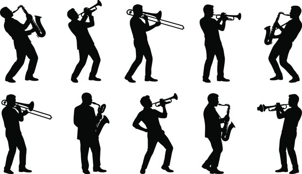 Set of black silhouettes of jazz musicians playing saxophone, trumpet, and trombone instruments on white background