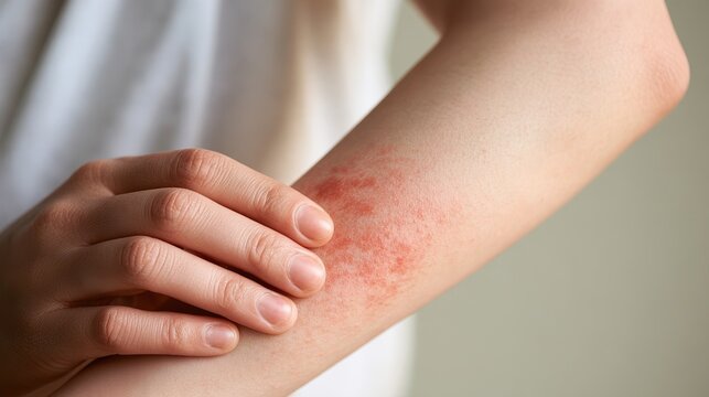Autoimmune Condition. Close-up of a person gently touching their irritated, reddened skin patch, highlighting skin care and sensitivity.