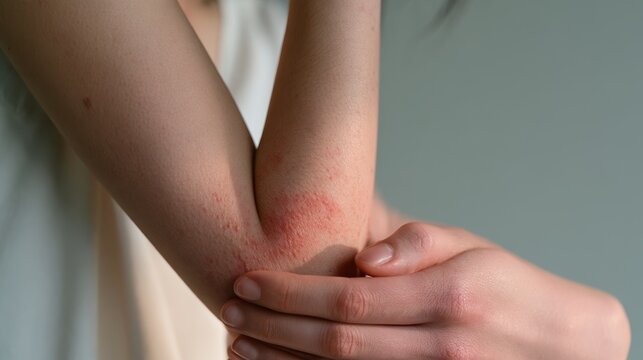 Autoimmune Condition. Close-up of a person gently touching a reddened skin patch, highlighting skin irritation and care.