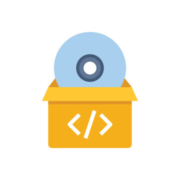Software box with disc icon isolated on white background. Flat vector illustration of installation package with coding symbol