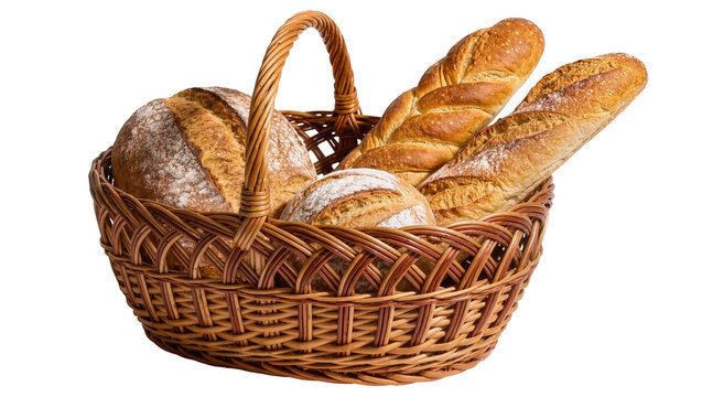 Woven wicker basket filled with crusty artisan bread loaves, isolated on transparent background