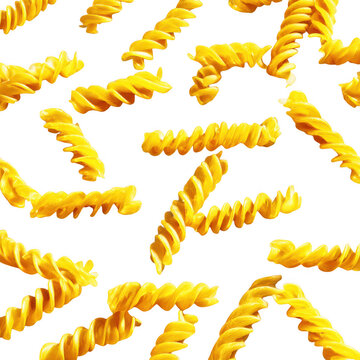 Raw dry fusilli pasta noodles scattered pattern isolated on transparent background