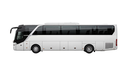 Modern white passenger coach bus with tinted windows, isolated on transparent background © Aliona