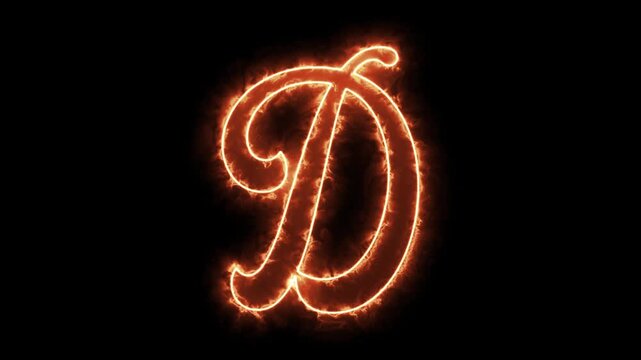 Glowing letter d neon sign animation with fiery plasma effect on black background, alphabet typography