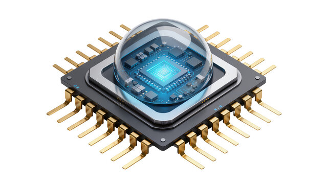 Advanced microchip with glowing blue circuitry under glass dome, isolated on transparent background