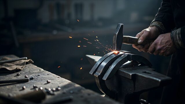 Skilled Blacksmith Forging Metal Object with Hammer in Workshop