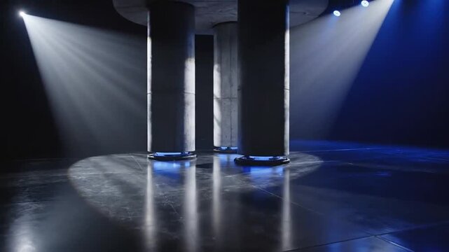 Dramatic Lighting on Pillars: The stark grandeur of modern architectural pillars bathed in dramatic spotlight beams, casting long shadows and creating a theatrical atmosphere.