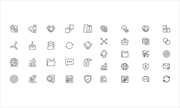 Business integration vector line icons set with editable stroke. System connection, workflow, merge, and corporate strategy icon bundle.