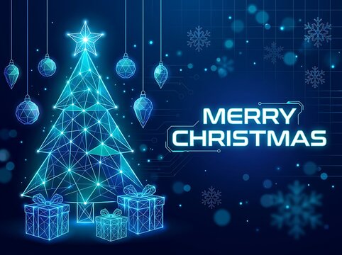 Digital low poly christmas tree with gifts and ornaments