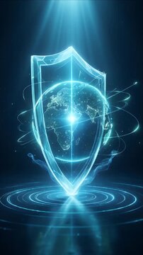 Cybersecurity Digital Globe with Glowing Shield, Cyber Security, Blue Light, Energy Ring, Global Network, Data Protection, Privacy, and Secure Internet Technology in Futuristic Virtual Environment