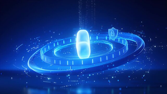 Cybersecurity Digital Cloud Security with Glowing Protective Shield, Encrypted Data Orbit, Futuristic Blue Network, Circular Interface, Cybersecurity Lock, and Abstract Technology Platform