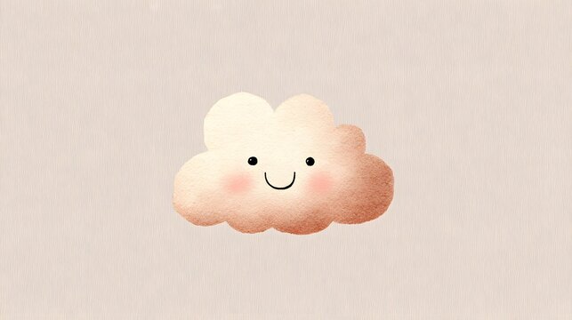 Adorable smiling cloud character rendered in a soft watercolor picturebook style. Warm pastel pink tones and textured paper background create a cozy nursery feel.