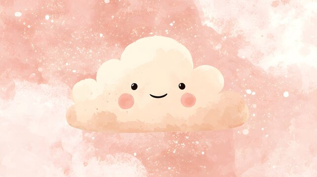 Adorable smiling cloud character rendered in a soft watercolor picturebook style. Warm pastel pink tones and textured paper background create a cozy nursery feel.