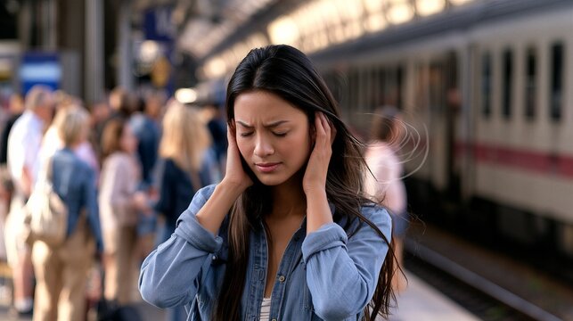 Young woman covering ears on crowded train station platform. Commuter stress and sensory overload. Headache, noise sensitivity and anxiety concept. Urban travel, public transport, mental