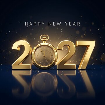 2027 happy new year gold clock celebration