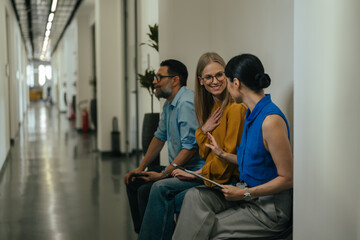 Fototapeta premium Diverse business professionals having informal conversation in office corridor