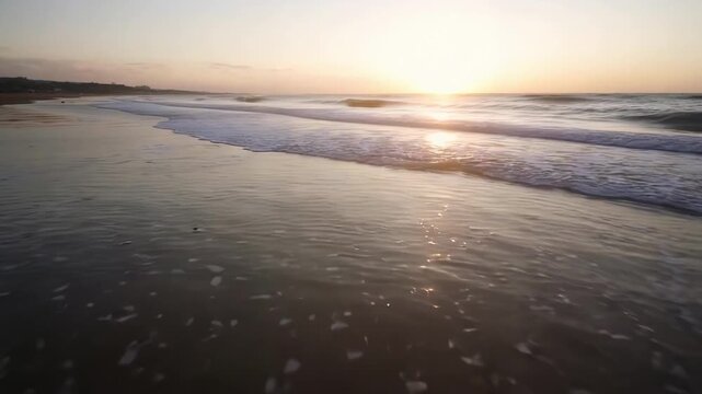 Captures Serene Beach Scene To Sunrise Sunset Main Subject Ocean With Waves Gently Lapping Onto Shore Sunlight Reflects Water Creating