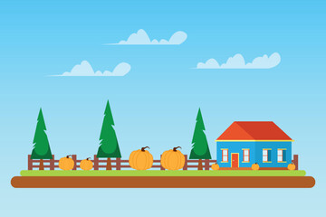 Fototapeta premium Pumpkin patch farm landscape with rustic house and pine trees 2d flat vector illustration
