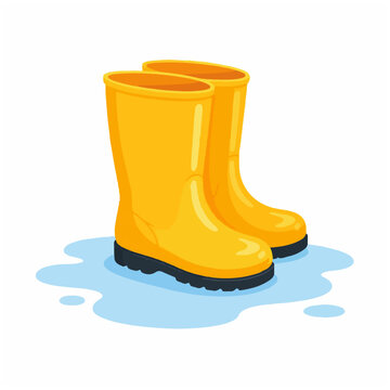 Bright Yellow Rubber Rain Boots Standing in Blue Water Puddle