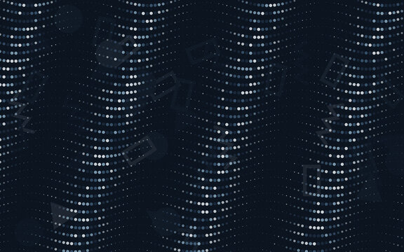 Abstract dark blue halftone pattern with wavy dot lines and floating geometric shapes background.