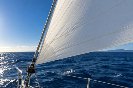 White jib sail on sailboat with blue sea, sailing and freedom concept