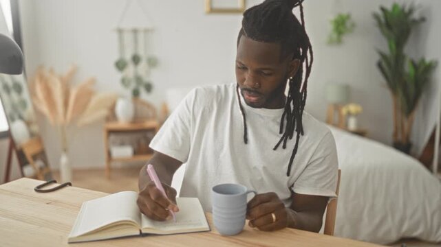 Young man writing in a notebook while holding a coffee mug in a bedroom, seated at a wooden table; focused reflection.