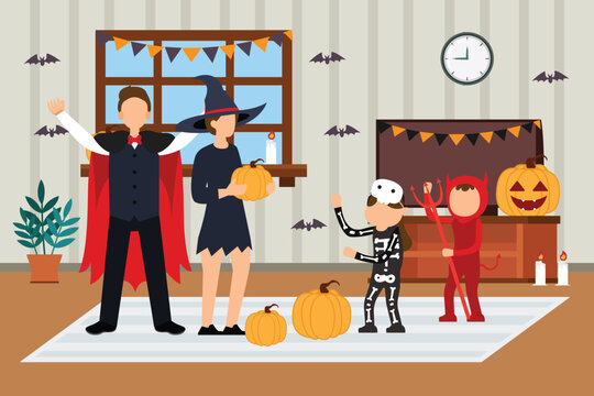 Happy family in Halloween costumes celebrating at home with pumpkins and bats 2d flat vector illustration