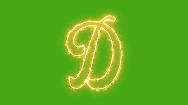Glowing golden letter d animation with fire effect on green screen background, alphabet