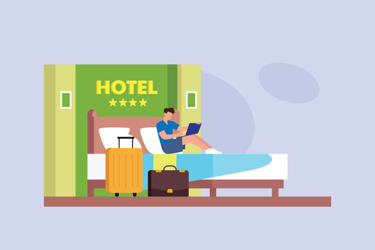 Man Working on Laptop in Four Star Hotel Room 2d flat vector illustration