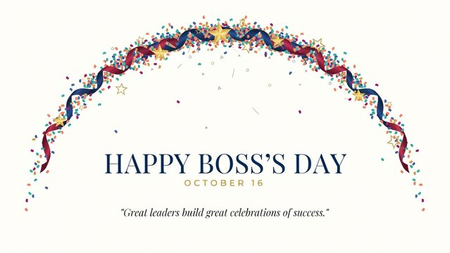 Happy Boss's Day greeting card with festive ribbon arch, October 16 corporate celebration banner, professional leadership appreciation background
