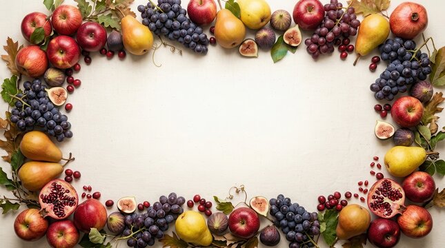 Autumn fruit arrangement with apples grapes pears figs and pomegranates on a white surface