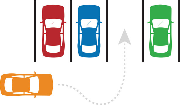 Parking Illustration with Colorful Cars and Spaces. Automotive Concept Design Featuring Guidance, Maneuver